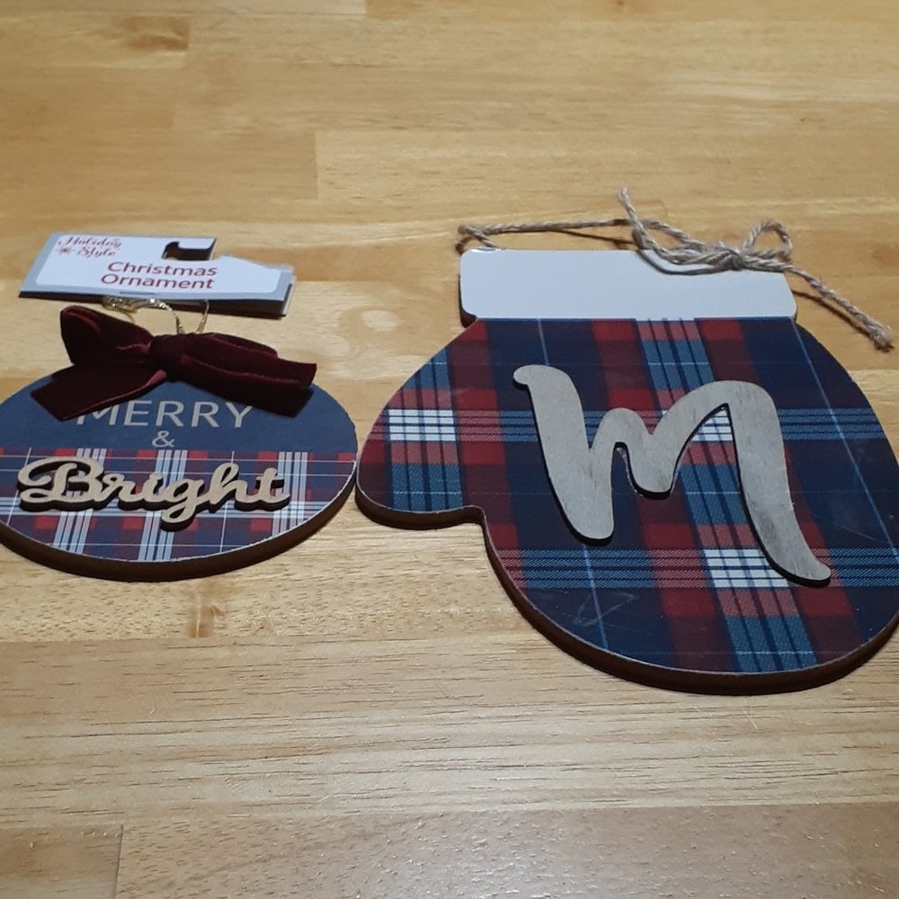 Holiday Style Wooden Monogram "M" Wall Sign & Ornament New